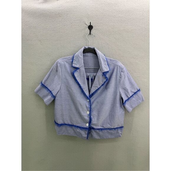 MARINA MOSCONE COTTON PAJAMA SET IN BLUE FEATHER TRIM SIZE M - Picture 2 of 11